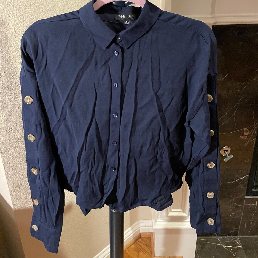 Navy Blue Button Up Crop Blouse